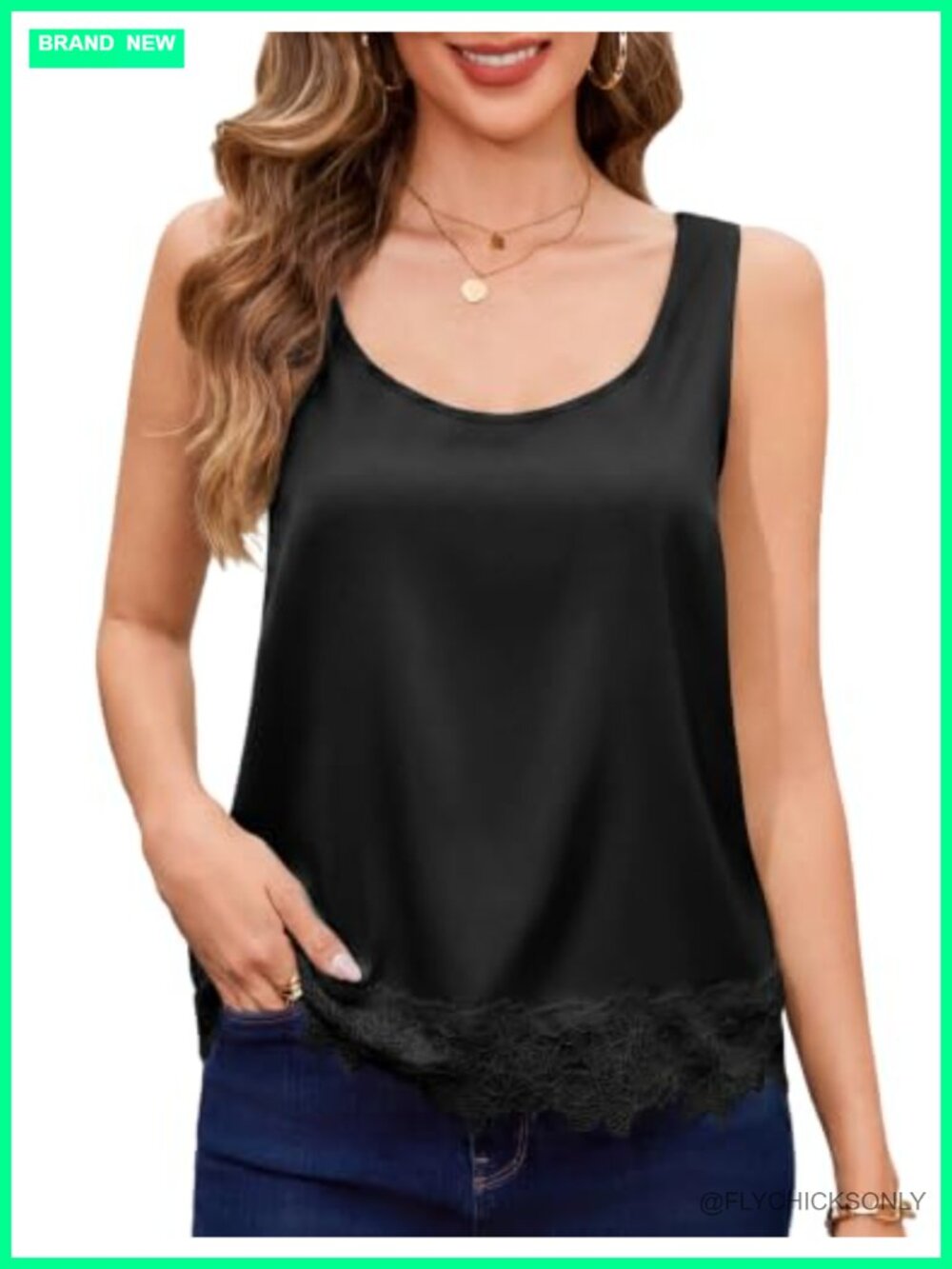 Silk Satin Lace Tank Top Scoop Neck Loose Fit Cami Summer Top